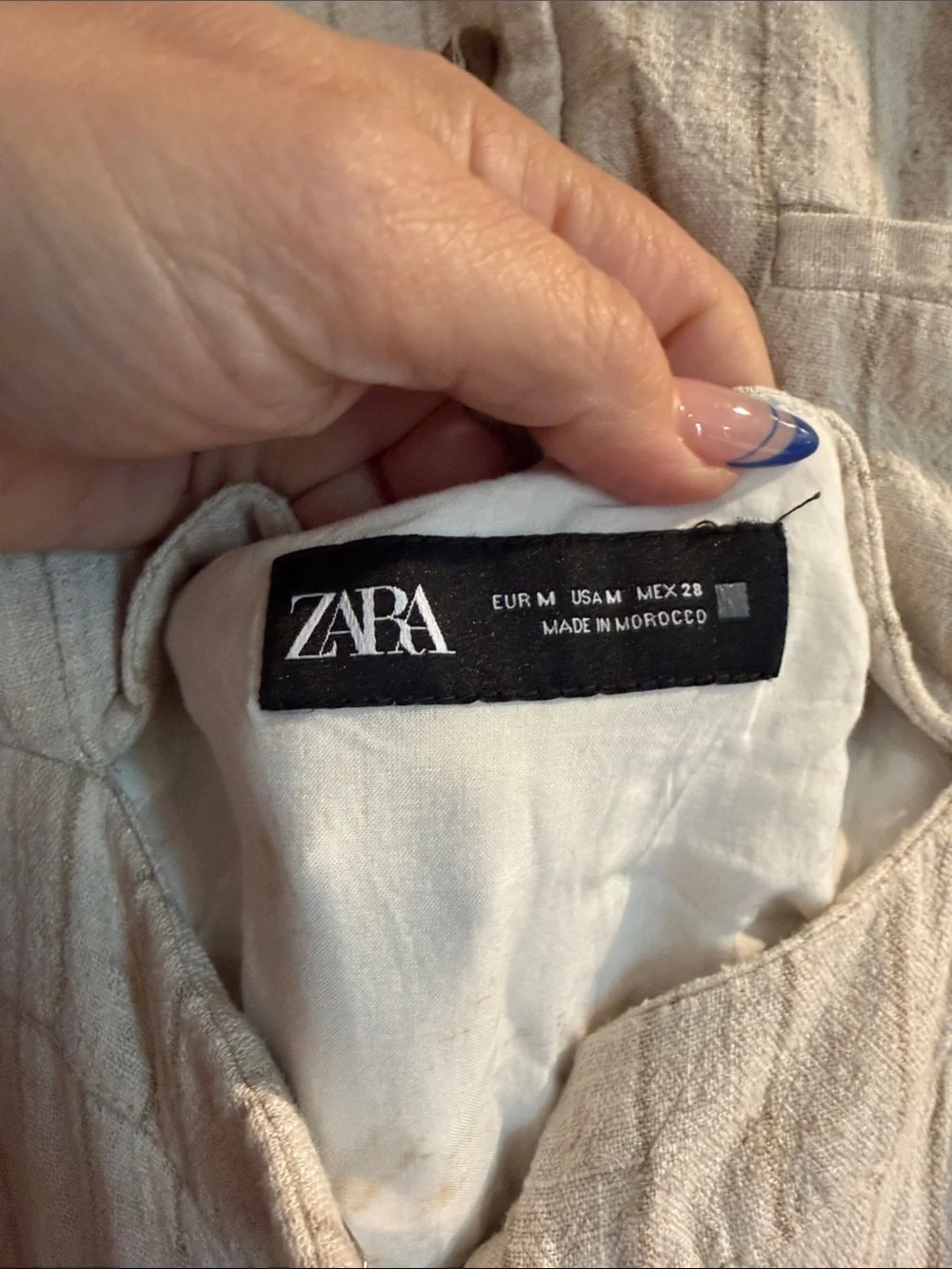 Zara Linen Blend Halter Wide Leg Jumpsuit Open Back Beige Stripe Size M